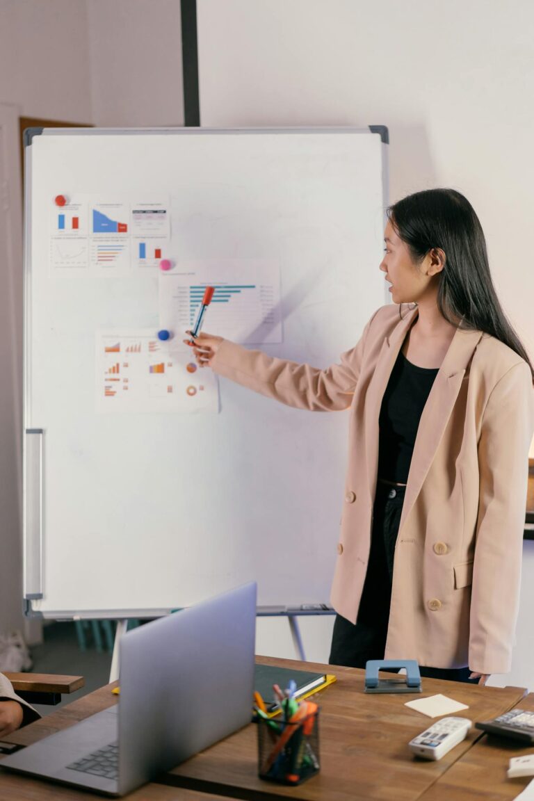 Professional woman presenting charts on a whiteboard during a business meeting.
